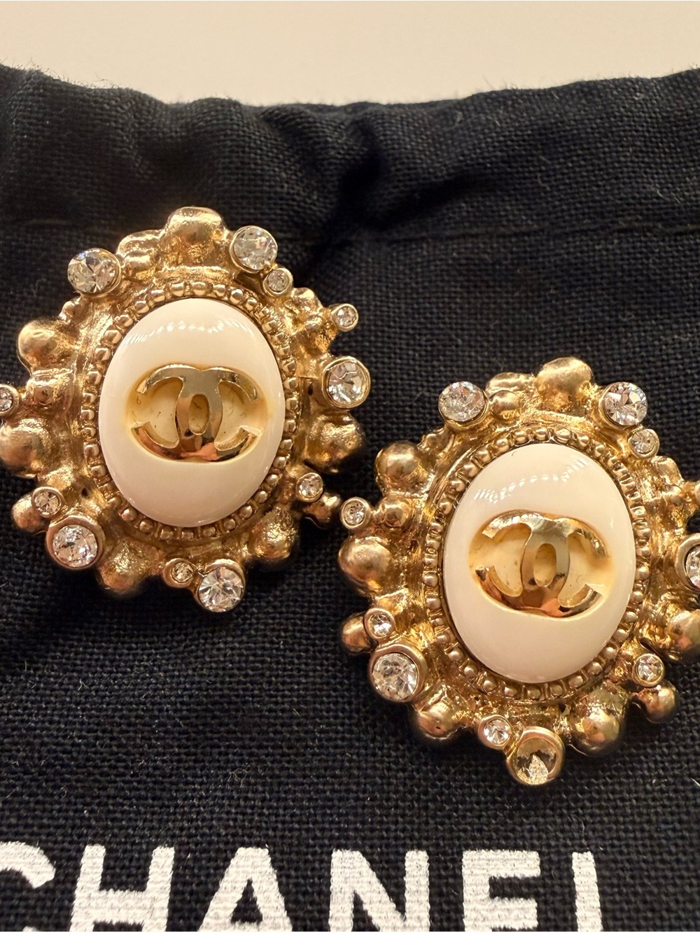 Chanel Gold & Cream CC Logo Crystal Clip-On Earrings